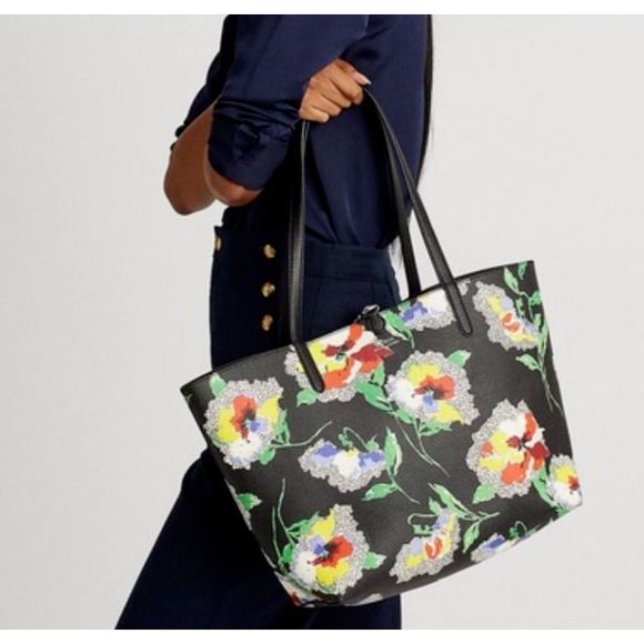 Lauren Ralph Lauren Floral/Black PU Leather Reversible Tote Bag w/Zip Pouch - Picture 1 of 11